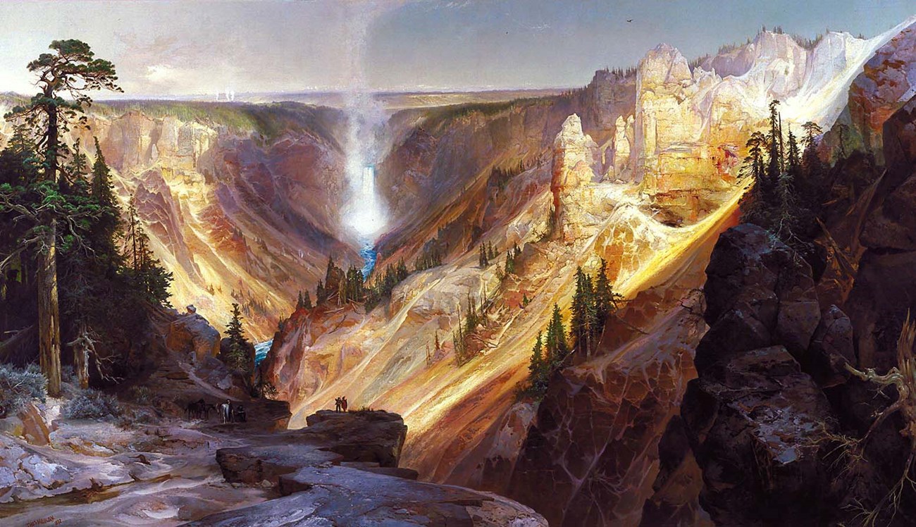 Watercolor painting of a large stone canyon with trees and a waterfall in the background.