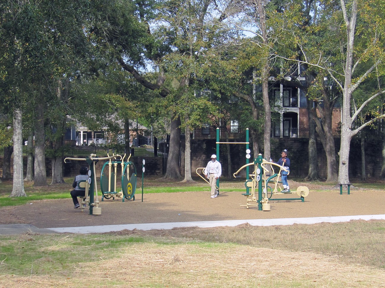 A city park with adults and children.