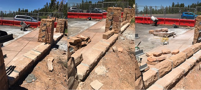 Three photos showing a stone barrier being built between two stone columns at a paved overlook