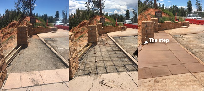 Three photos showing a sidewalk in three stages of repair from removed pavement, to rebar, to concrete