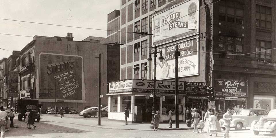 Black and white photo of the Tom Thumb restaurant.