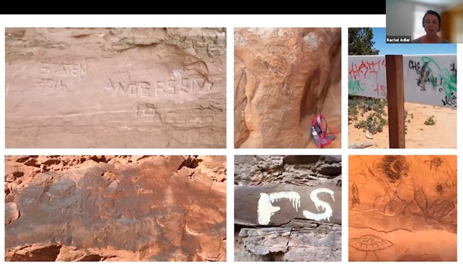 Carved and painted graffiti on cavern and wadi walls, the back of a trail sign tagged with spraypaint. Rachel Adler appears in the inset on the screen featuring six examples of graffiti on stones and the back of a sign.