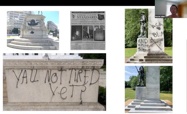 Photos of graffiti on monuments. On one, black paint spells out "Y'all not tired yet?" On another black paint spells out "ACA BLM" and "END White silence." A third shows black and white paint some of which reads "ACAB" and {expletive "F"} 12. Finally, the
