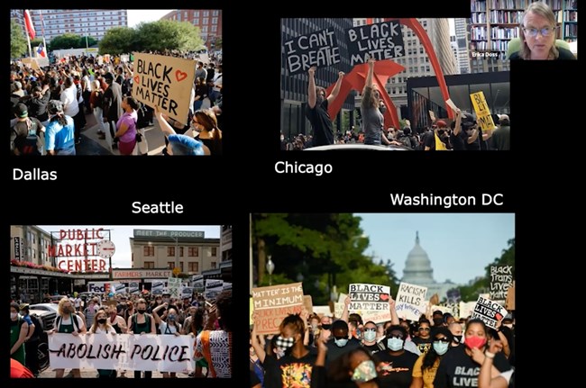 Photos of Black Lives Matter protests nationwide after the murders of George Floyd, Breonna Taylor, and other black Americans by largely white law enforcement.