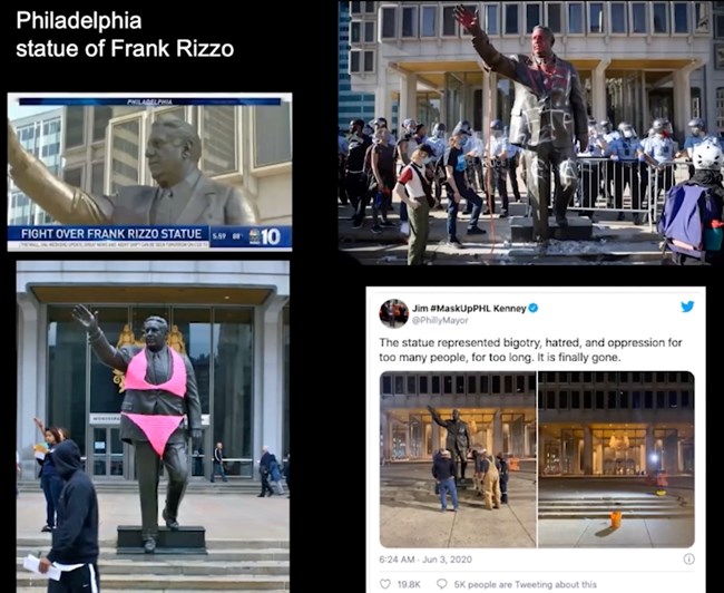 Several photos of the statue of Frank Rizzo in Philadelphia, tagged, painted, wearing a pink bikini, and a tweet about its removal.