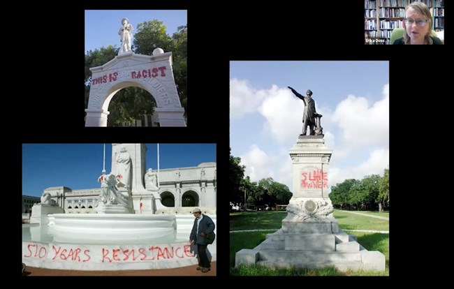 Photos of red spraypainted graffiti on statues associated with Andrew Jackson, George Washington, and others associated with white supremacy.