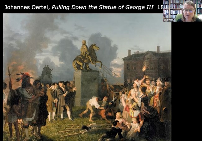 Pulling down the statue of George III by the "Sons of Freedom," at the Bowling Green, City of New York, July 1776 / painted by Johannes A. Oertel ; engraved by John C. McRae.
