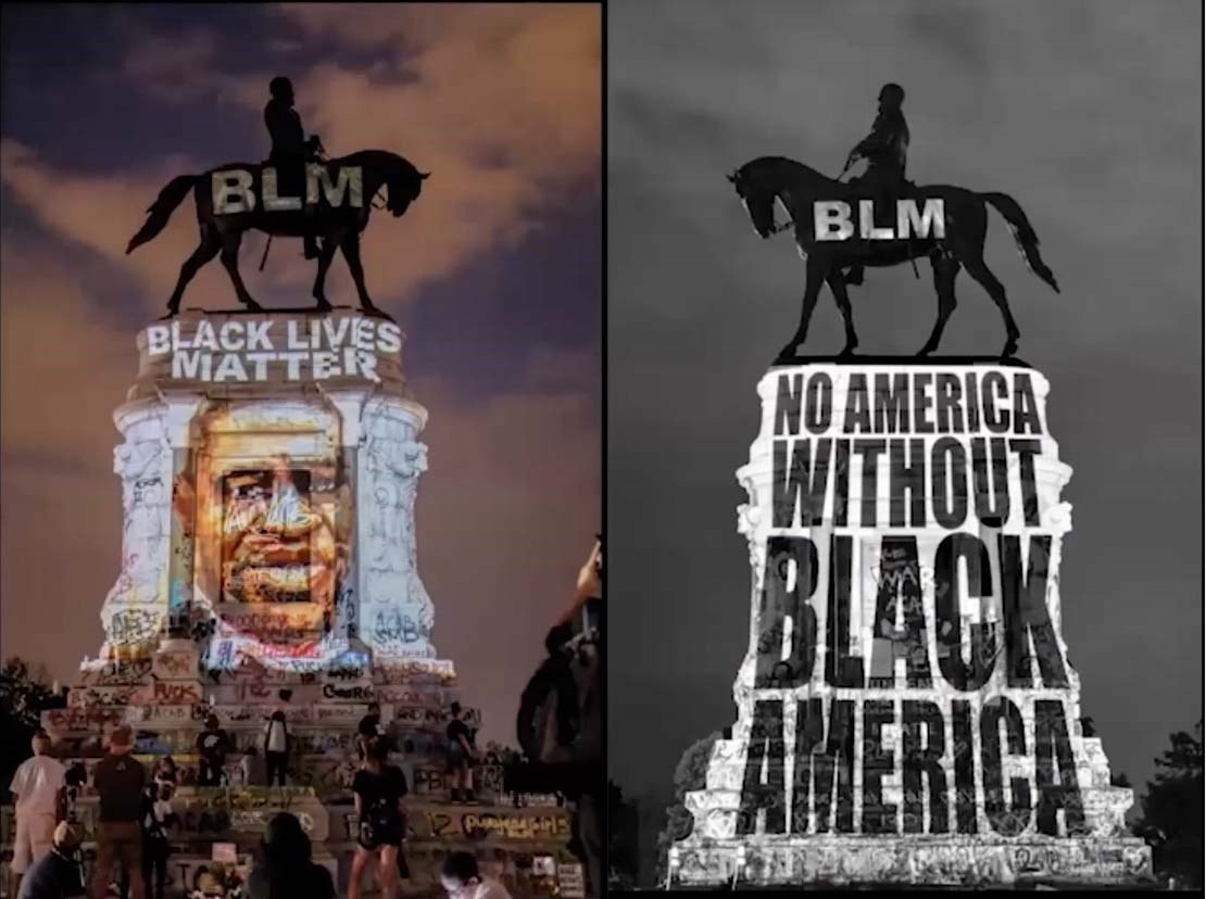 Projections of BLM Black Lives Matter and George Floyd on the Lee Monument, Richmond, VA.