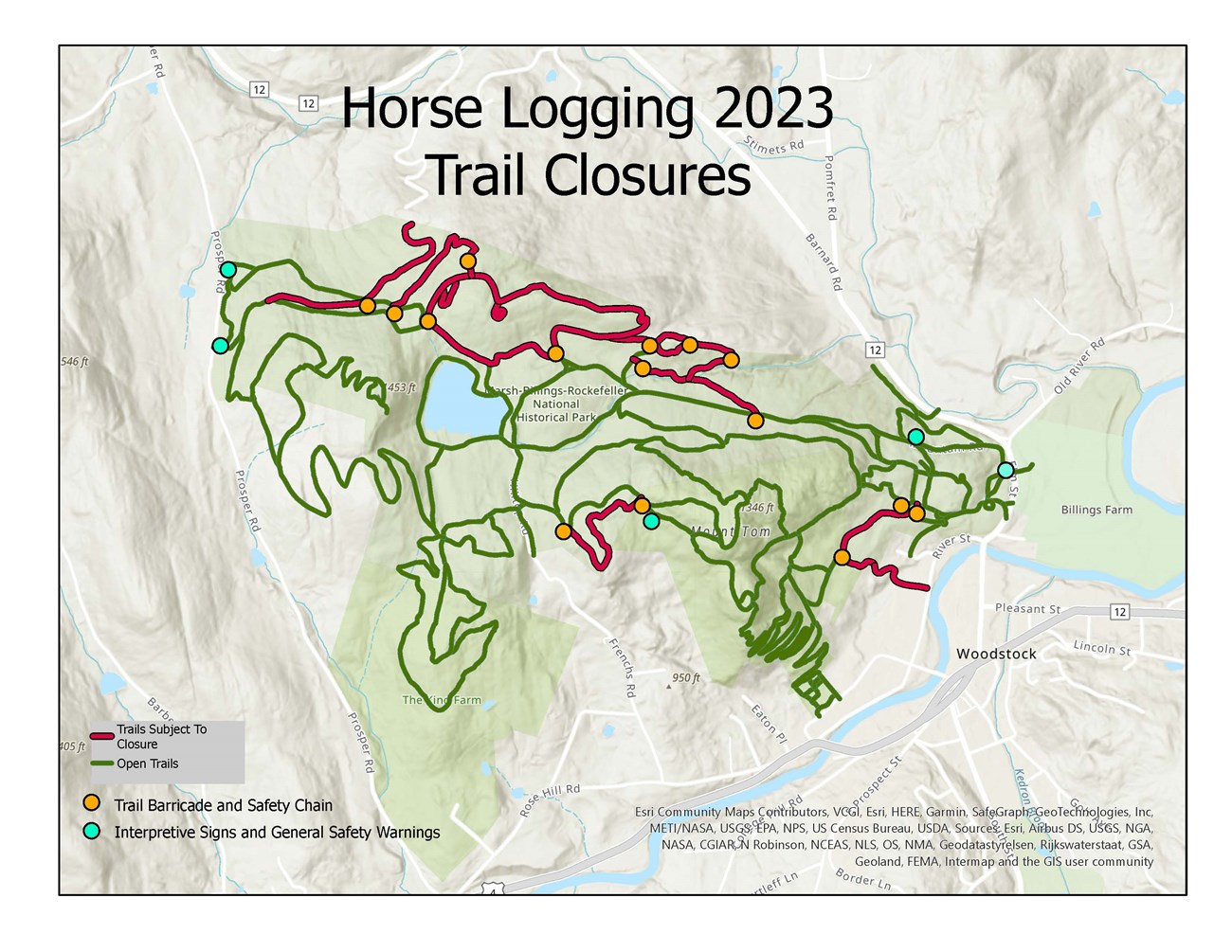 Map titled "Horse Logging 2023 Trail Closures" showing trails of MBR with red overlaid on some trails and green on others, showing where trail barricades and safety chains and interpretive signs are located