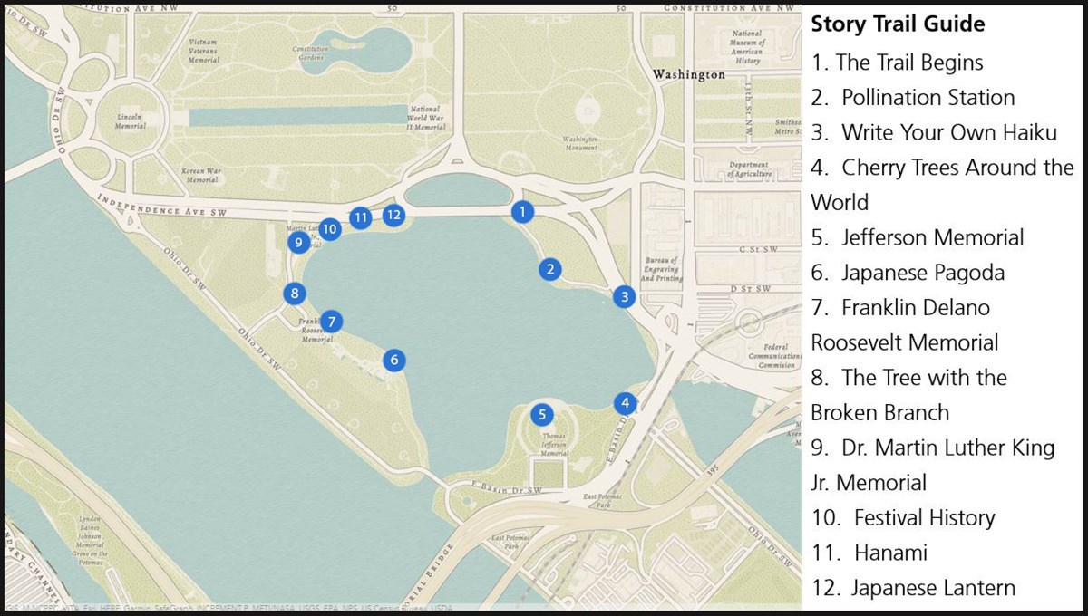 Map for "Junior Ranger Story: The Mystery of the Broken Branch" activity Map of the Tidal Basin titled "Story Trail Guide"; detailed alternative text is on this webpage