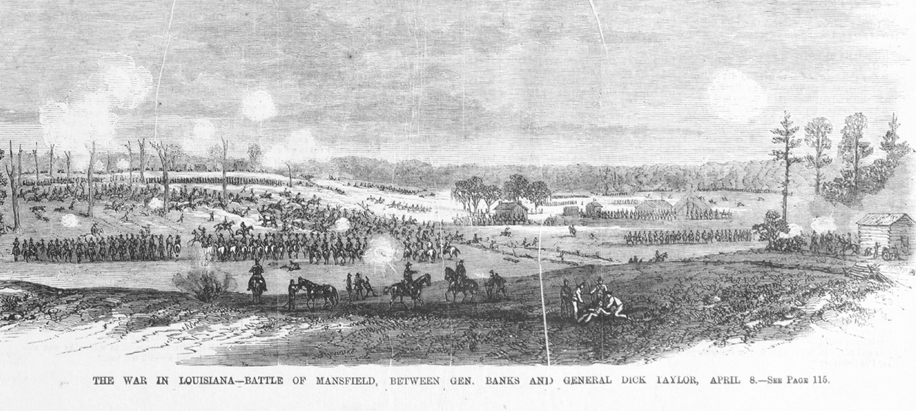 A black and white line illustration of an open field with soldiers on horseback and on foot confront one another under smoke and cloud-filled skies.