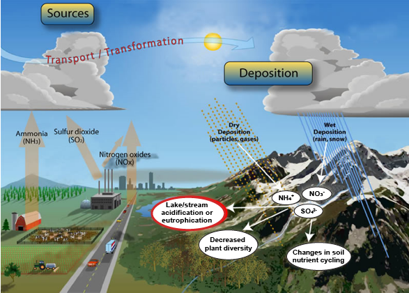 Graphic of farmlands, road with vehicles, and industry and arrows showing how pollutants move from these sources to mountains and are deposited by precipitation and windborne particles.