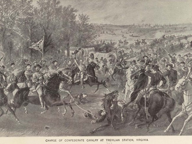 Illustration of soldiers on horseback emerging from wooded area to meet on an open field