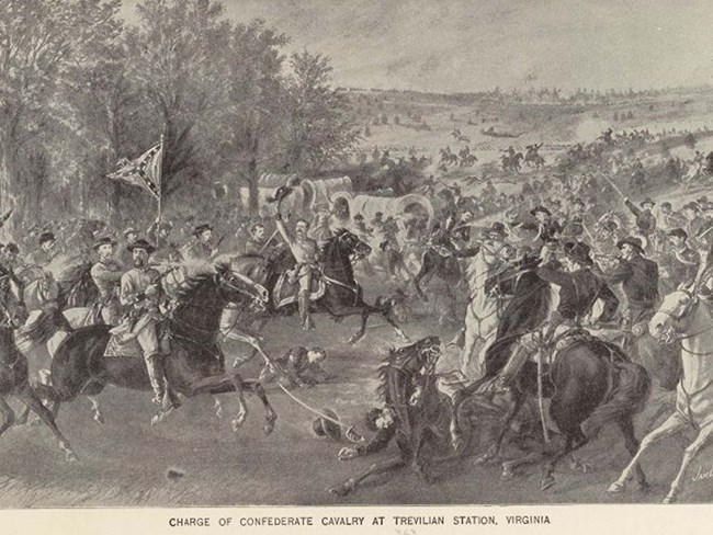 James E. Taylor’s 1891 painting “The Charge of the Confederate Calvary at Trevilian Station, Virginia Illustration of soldiers on horseback emerging from wooded area to meet on an open field
