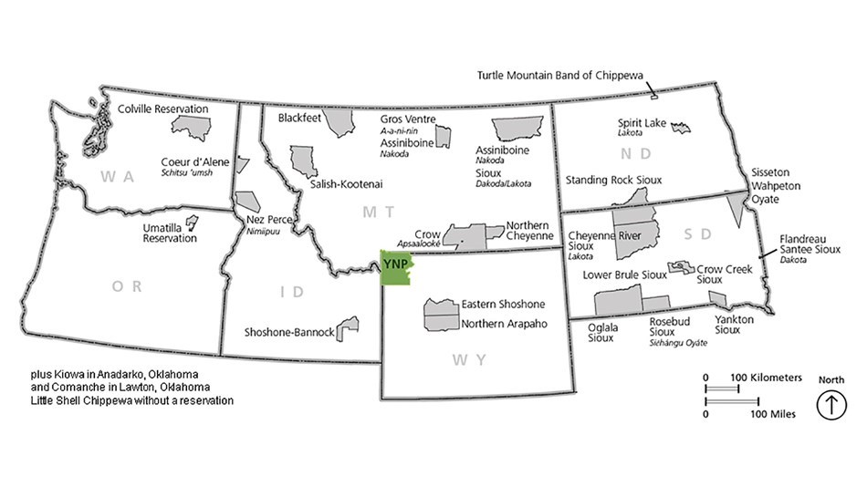 Map of Northwestern United States with Yellowstone highlighted in green box and Indigenous Tribes in gray boxes.
