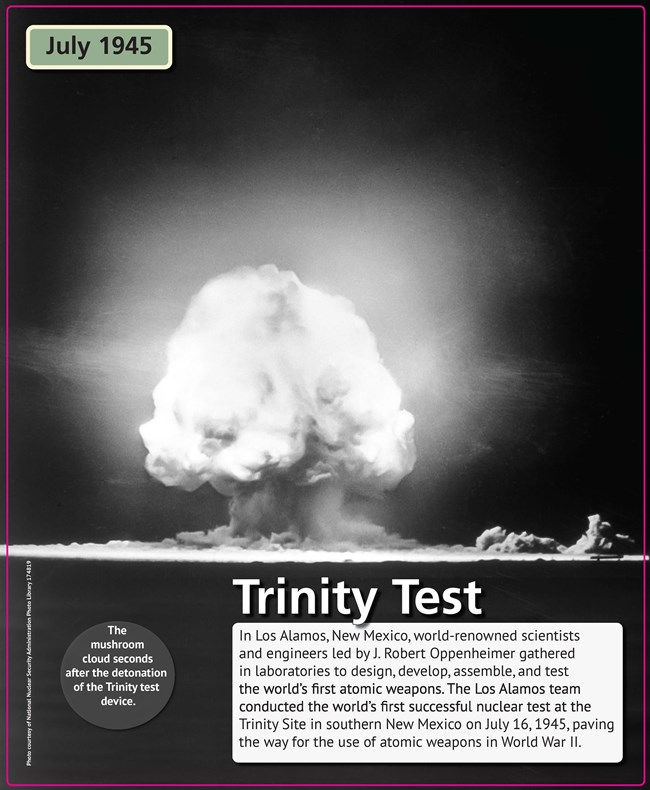 Trinity Test An enormous mushroom cloud rises from an otherwise totally flat, barren landscape.