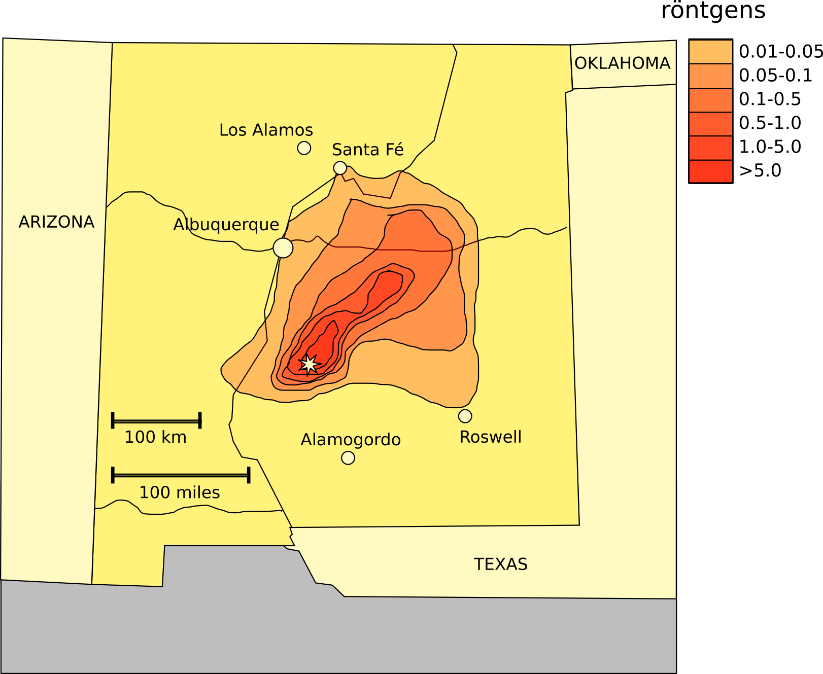 Map of New Mexico showing the Trinity Test Site and nearby cities. Red and orange abstract shapes of increasingly large size and lighter hues extend northeast. The highest radiation level is near the Test Site and radiation levels diminish further away.