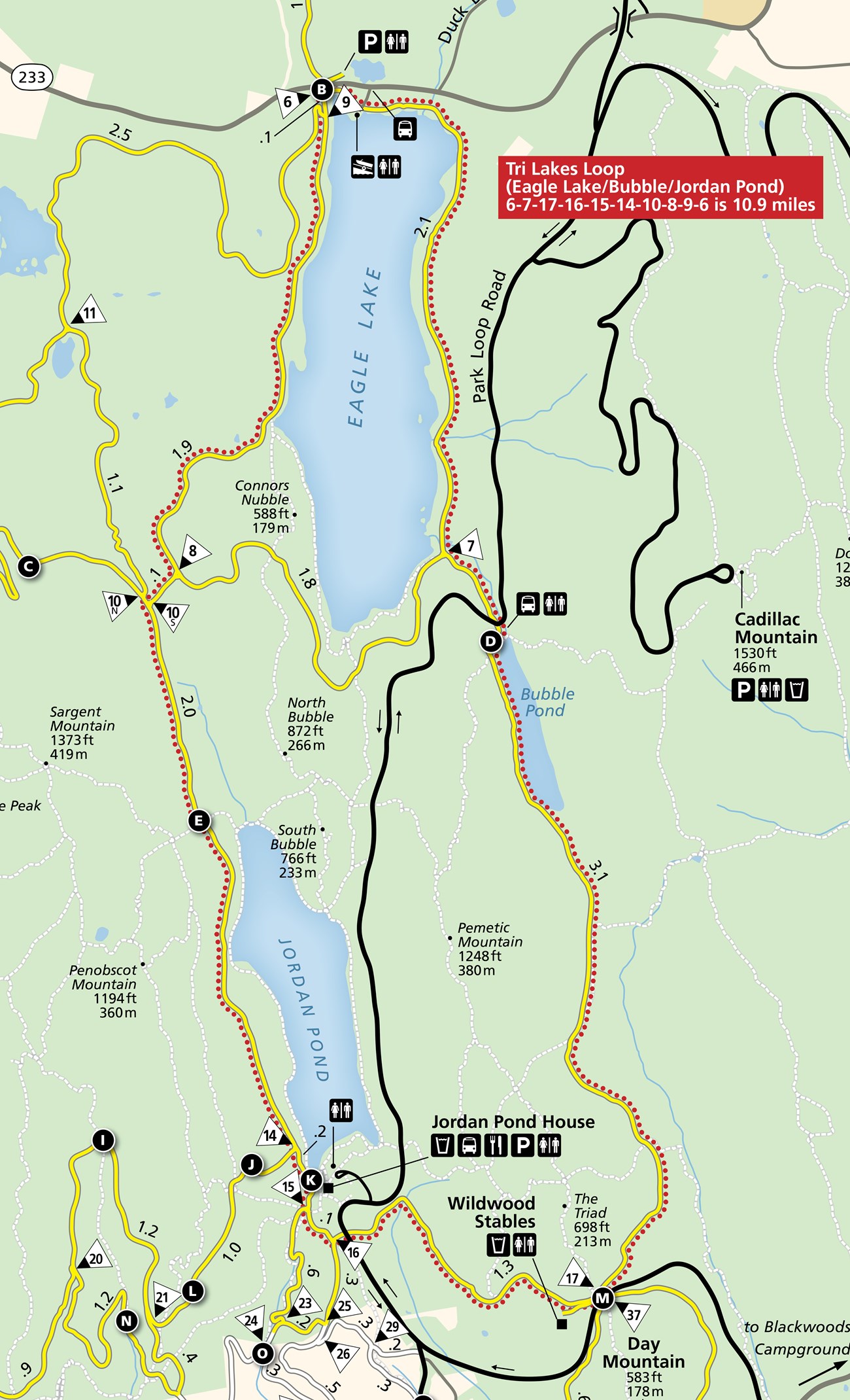 Map of the Tri-Lakes Carriage Road Loop in Acadia National Park