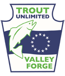 Crest of Valley Forge Trout Unlimited showing jumping fish next to 13 stars making a circle