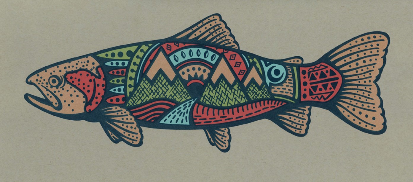 A digital illustration of a trout with a colorful nature scene inside