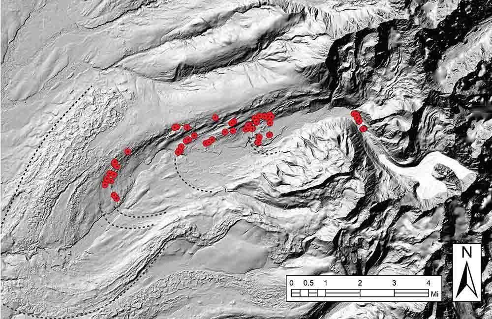 Hillshade image showing sample collection locations.
