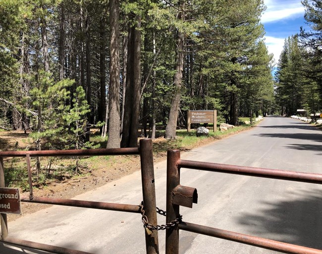 Tuolumne Meadows Campground entry gate (2016) Metal gate closed and chained in the foreground with a Tuolumne Meadows Campground visible in the background