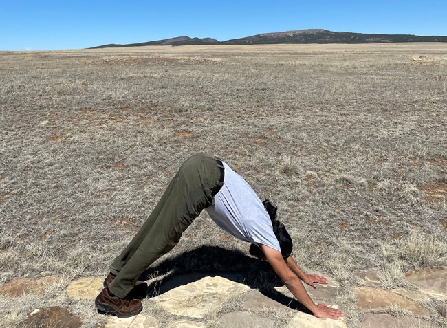Park Ranger doing downward dog yoga pose on grass with mountains in background