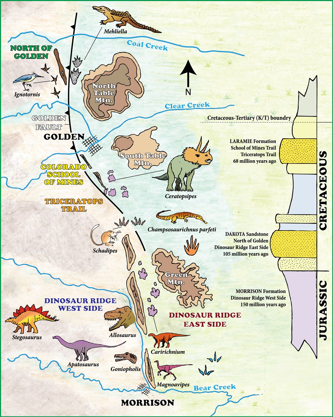 Map of sites associated with the Morisson-Golden Fossil Areas NNL A map showing the location of the NNL sites. Locations are mentioned in the caption.