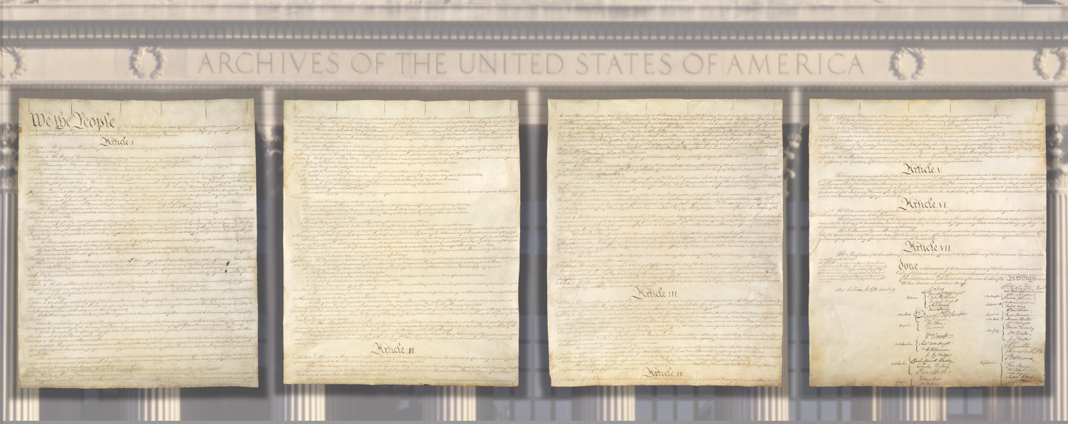 The four pages of the US Constitution are laid over an image of the pillars and carving on the National Archives building