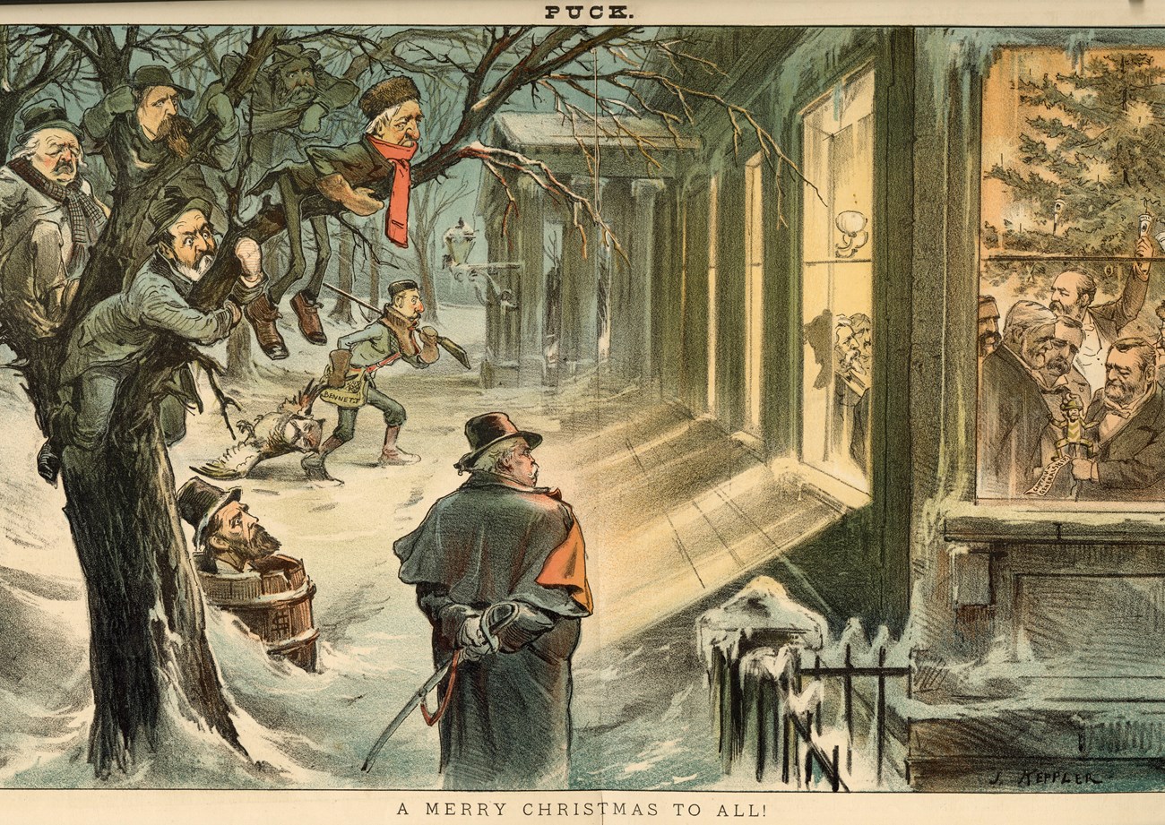 color illustration of a group of men around a Christmas tree while others stand outside.