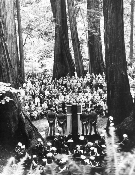 View of memorial service for President Roosevelt nestled in among the redwood grove. (c. 1945)