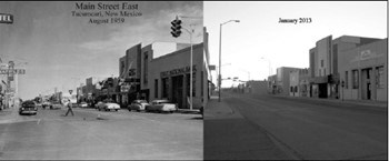 side by side historic images of a small downtown street.