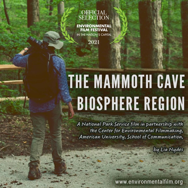 movie poster with person carrying recording equipment in a forest with text The Mammoth Cave Biosphere Region A National Park Service film in partnership with the Center for Environmental Filmmaking, American University, School of Communication, Lia Nydes