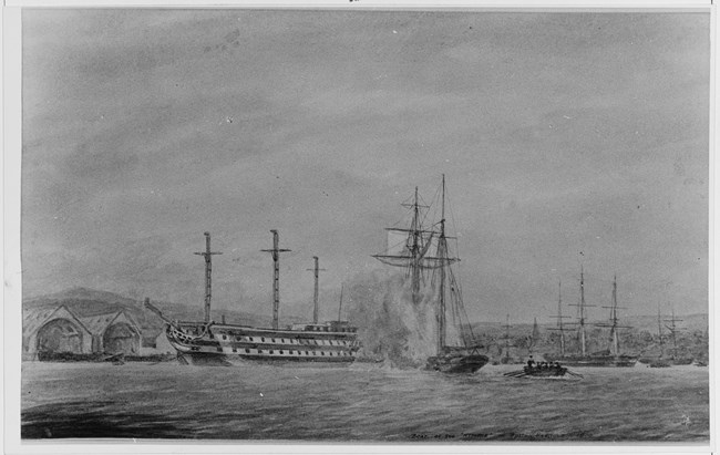 sketch of a tall ship firing on another tall ship. there are more ships in the background, as well as Boston Harbor.