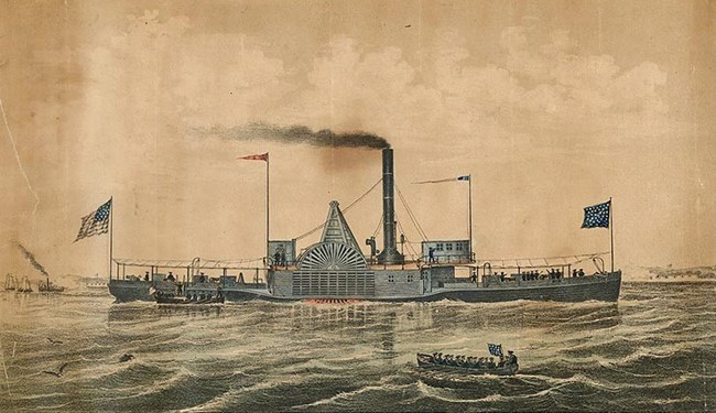 Colored lithograph print of a United States naval steamship during the Civil War.
