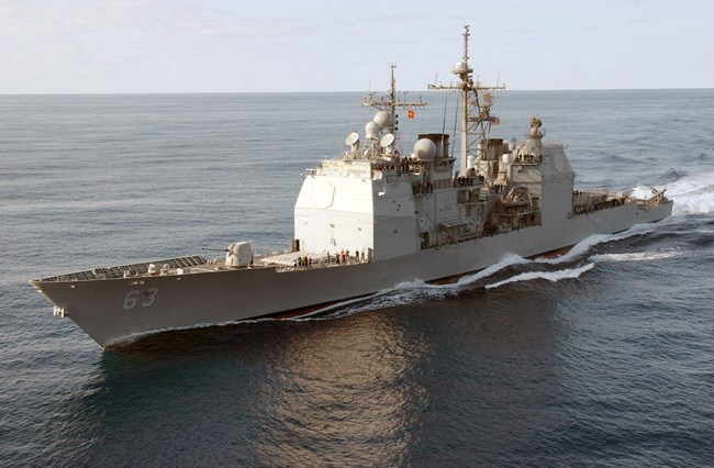 Guided missile cruiser sailing