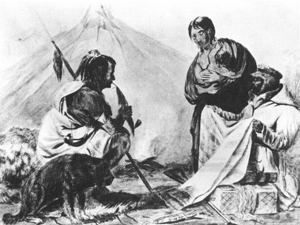 Watercolor painting of Native Americans sitting in a circle.