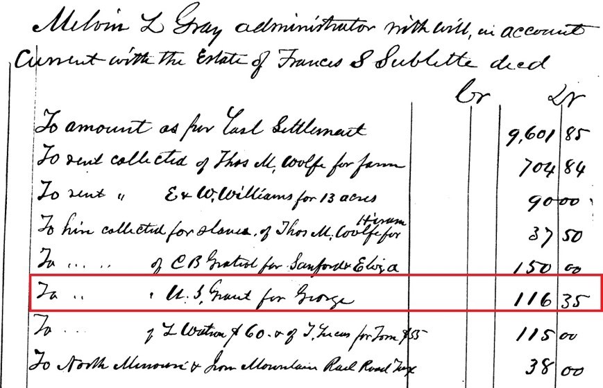 Handwritten legal document noting U.S. Grant's hiring out of George for $116.35.