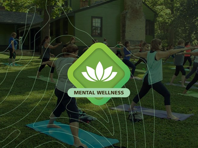 Green diamond with leaf and text that reads "mental wellness." A group of people doing yoga are in the background.