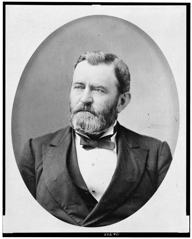 Black and white portrait of Ulysses S. Grant facing left from shoulders up