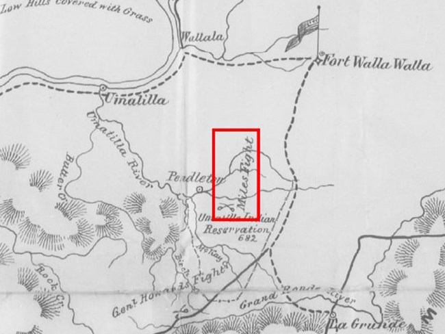 Map of Umatilla reservation in Oregon, red box with crossing sabers locates “Mile's Fight”