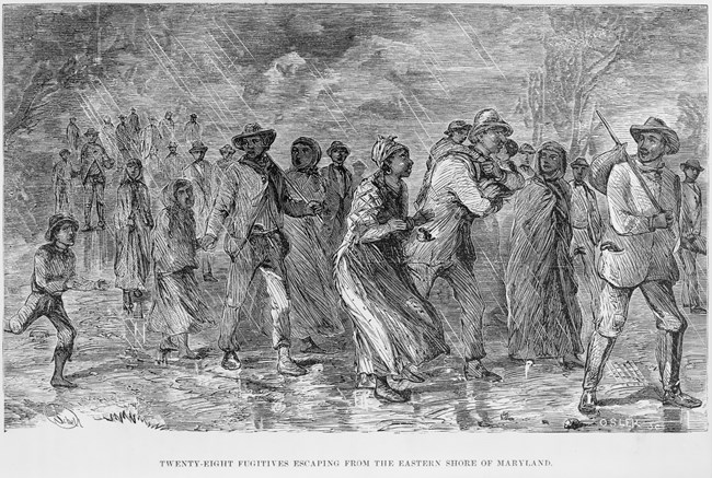 Engraving of two dozen people walking in the rain at night; at least two carry bindles over their shoulders.