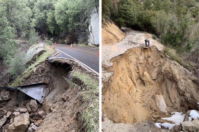 Left image shows a paved road with erosion and undercutting underneath one lane, and right photo shows the collapse of the outer portion of a dirt road above a steep slope.