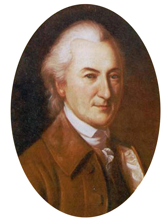 John Dickinson Oil on canvas portrait of a white male with grey hair wearing a brown coat.
