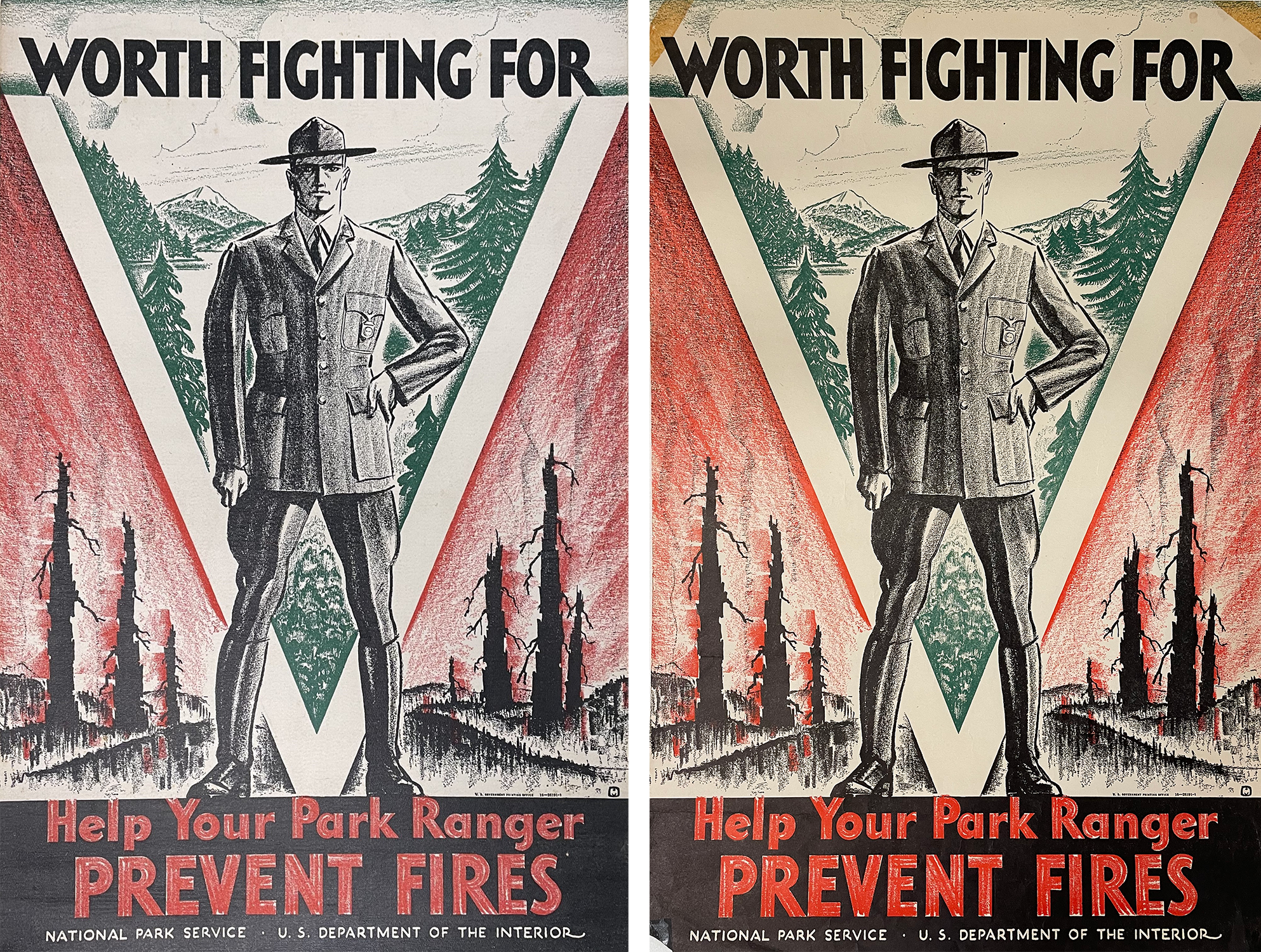 Two versions of the same "Worth Fighting For" posters with a ranger in a burned out landscape.