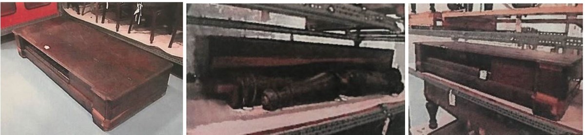 lt= Brow Piano Forte. 43 BLACK AND WHITE KEYS. HINGED TOP THAT RESTS OVER KEYS, BUT DOES NOT COVER THEM. FOUR LEGS THAT ARE SEPARATE FROM OBJECT. LEGS ARE WIDE, WITH TURNED AREAS FOR SCREWING INTO OBJECT. GROOVES IN SEVERAL AREAS OF LEGs.