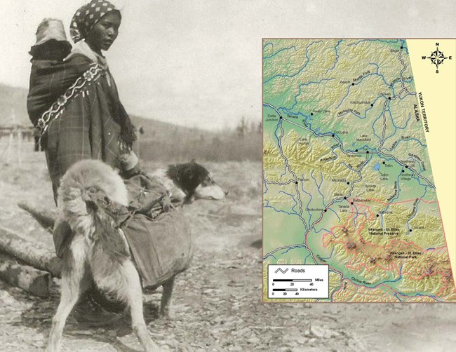 Upper Tanana WRST article cover image of woman and dog and a map