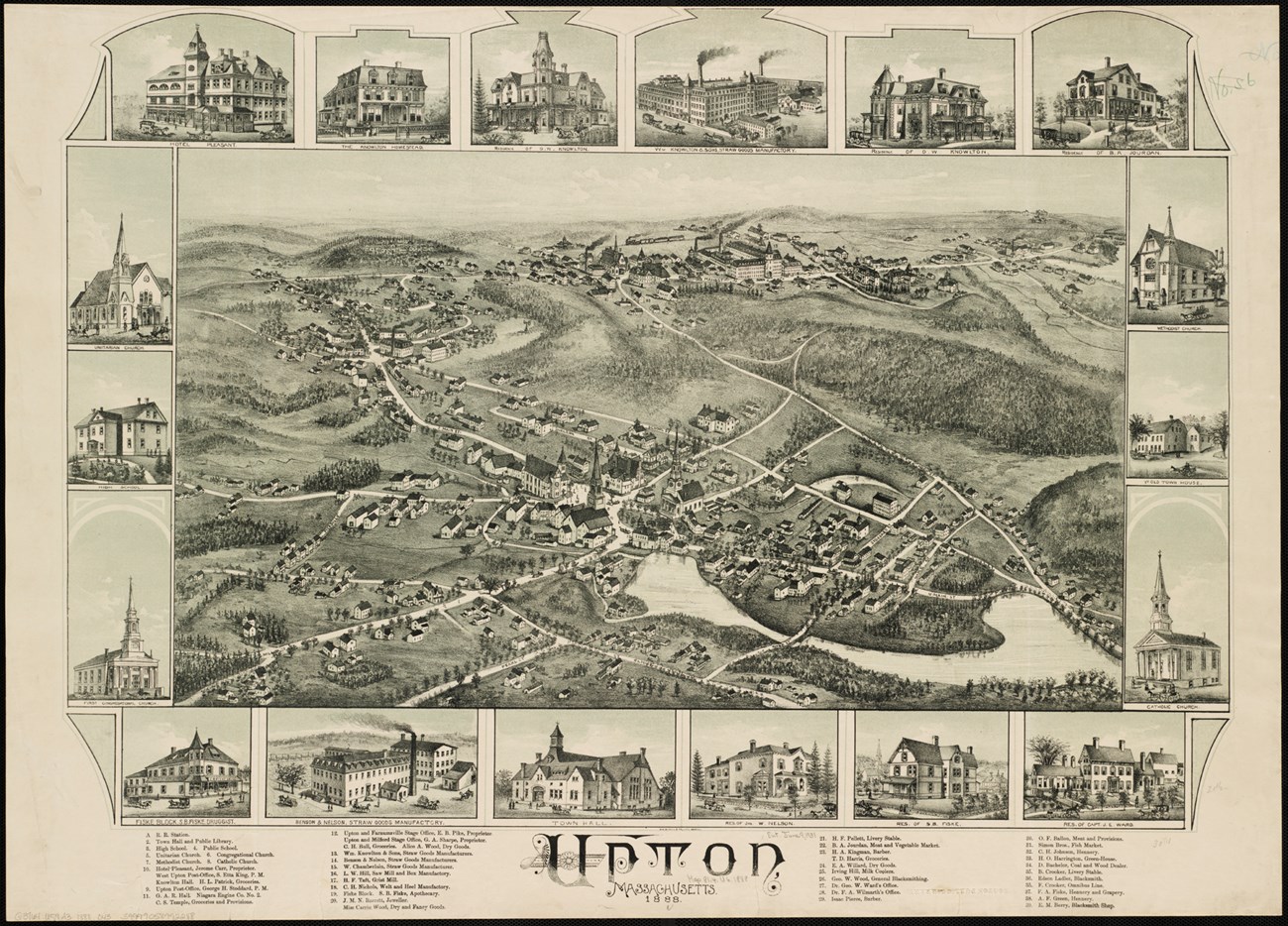 a map depicting various industrial buildings and landmarks in the town of upton, ma