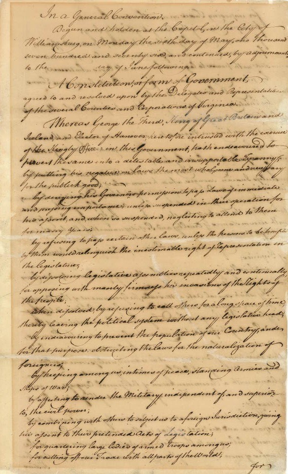 VA state Constitution 1776 Handwritten page of 1776 Virginia State Constitution with text illegible