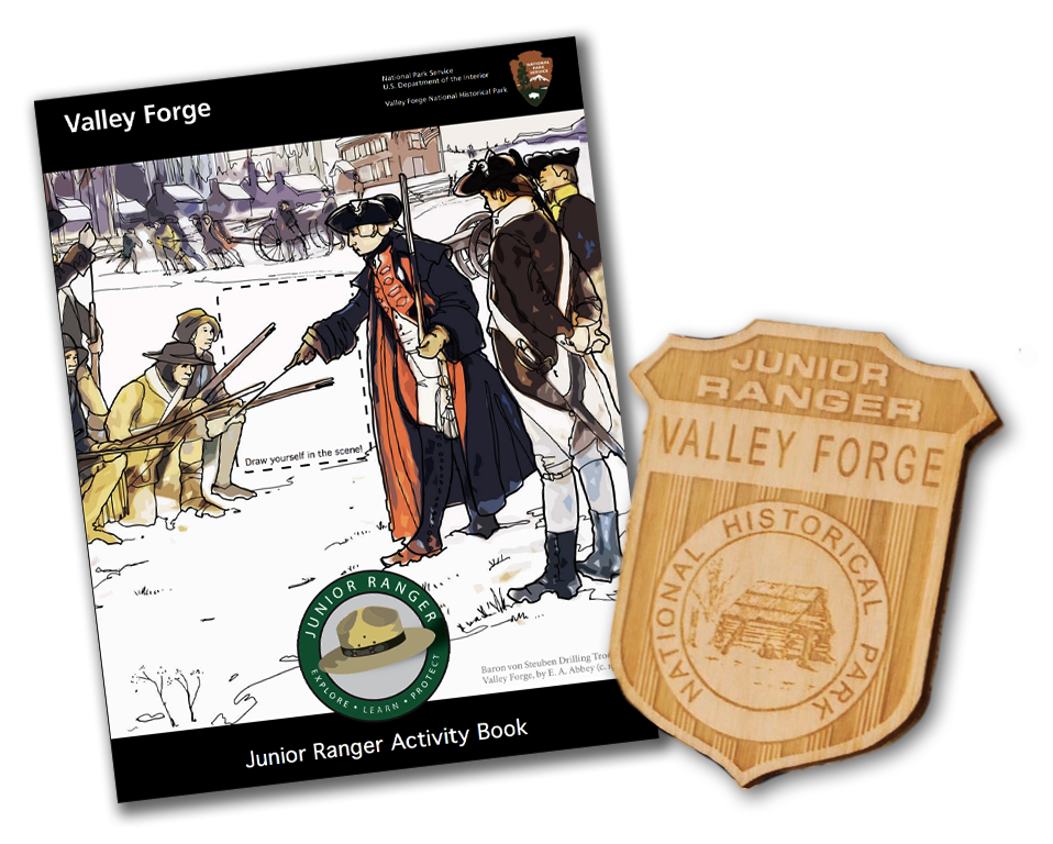 the cover of the valley forge junior ranger book with an illustration of soldiers in the snow. to the right is the valley forge junior ranger badge